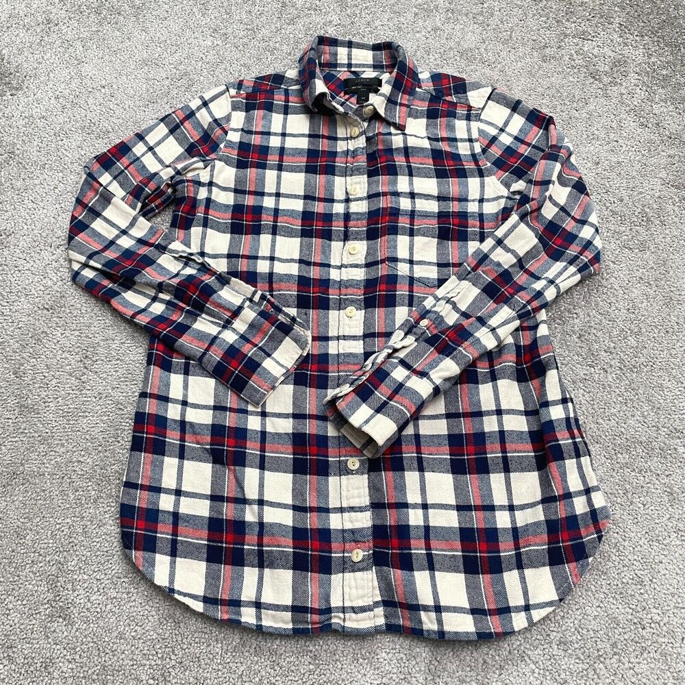 J. Crew Boy Fit Flannel Button Down Shirt Womens 00 Multi Clinton Plaid Cotton